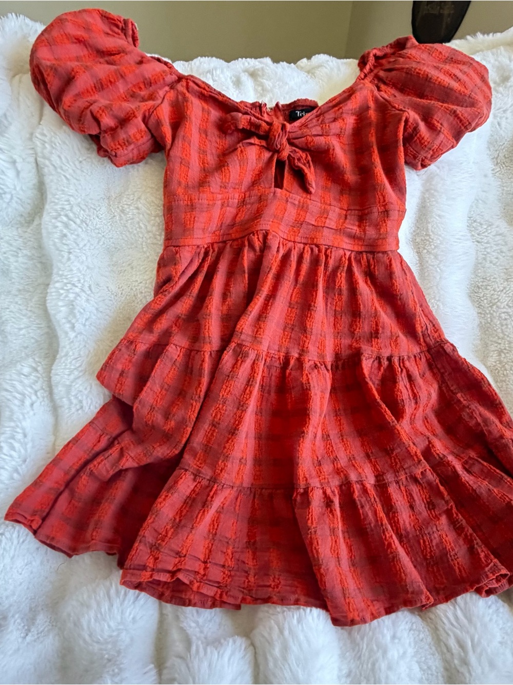 Trixxi Coral-Red Tiered Puff Sleeve Dress with Front Tie